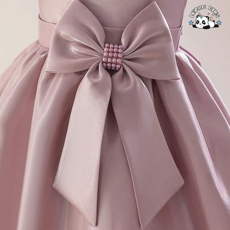 LEZONKIDS - 2024 New Fashion Short Sleeve and Long Dress with Pearl Bow-knot Summer Party Dress for 2 to 14 Years